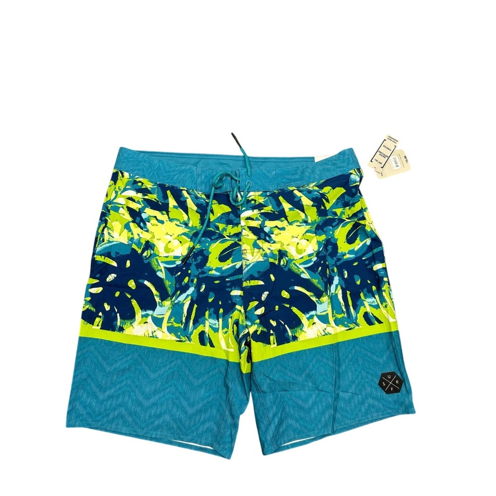 George Mens Blue Lime Green Tropical Monstera Board Shorts Size 34 UPF 50+ New